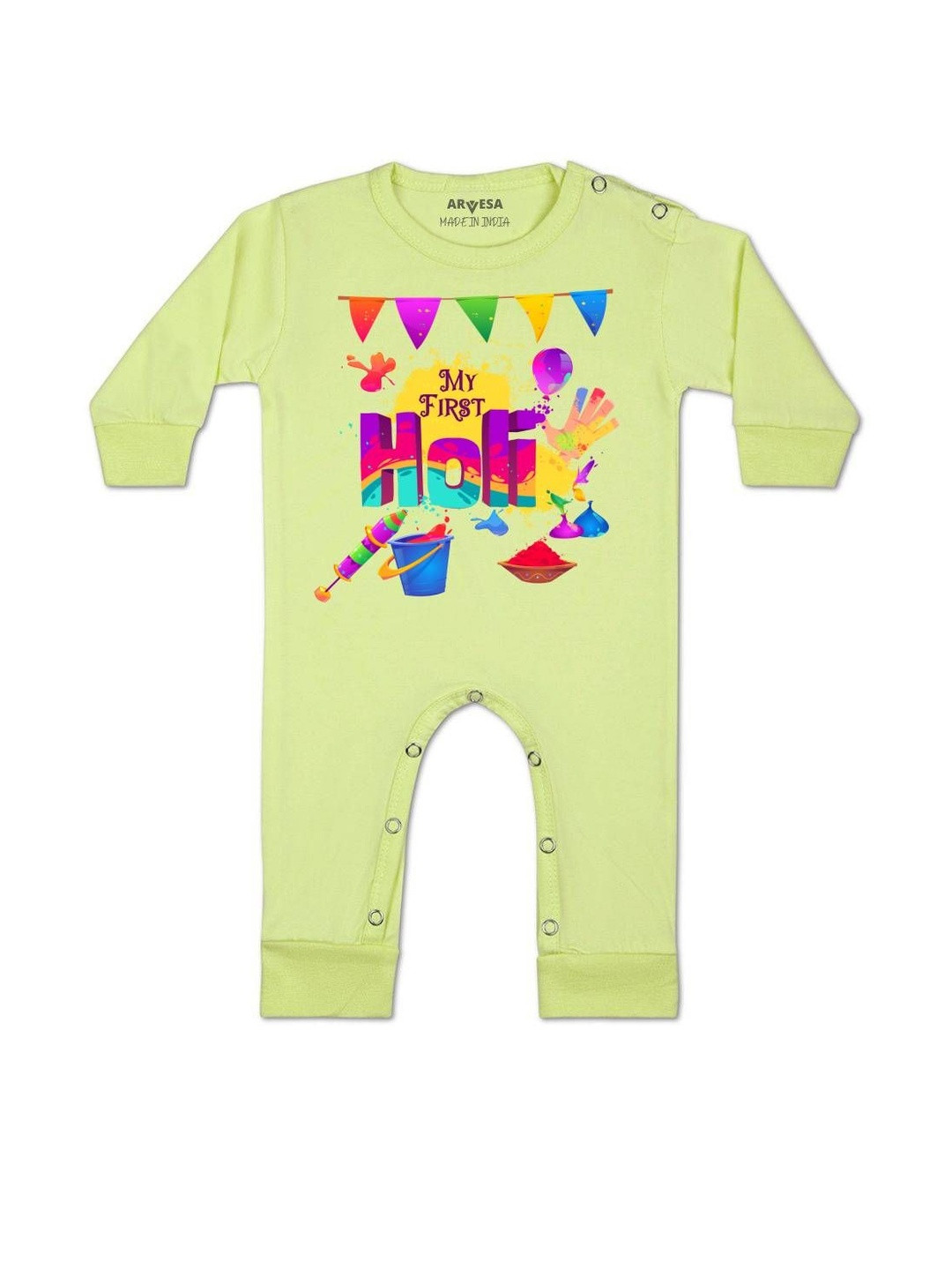 Arvesa Kids My First Holi Printed Yellow Cotton Rompers