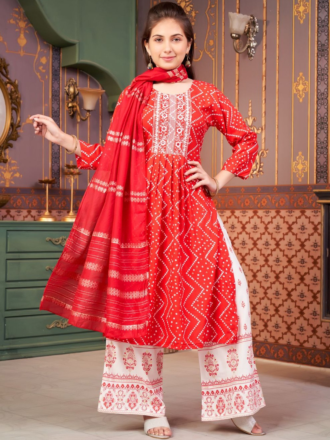 Muhuratam Girls Bandhani Printed Side Slits Regular Sleeves Calf Length KurtI