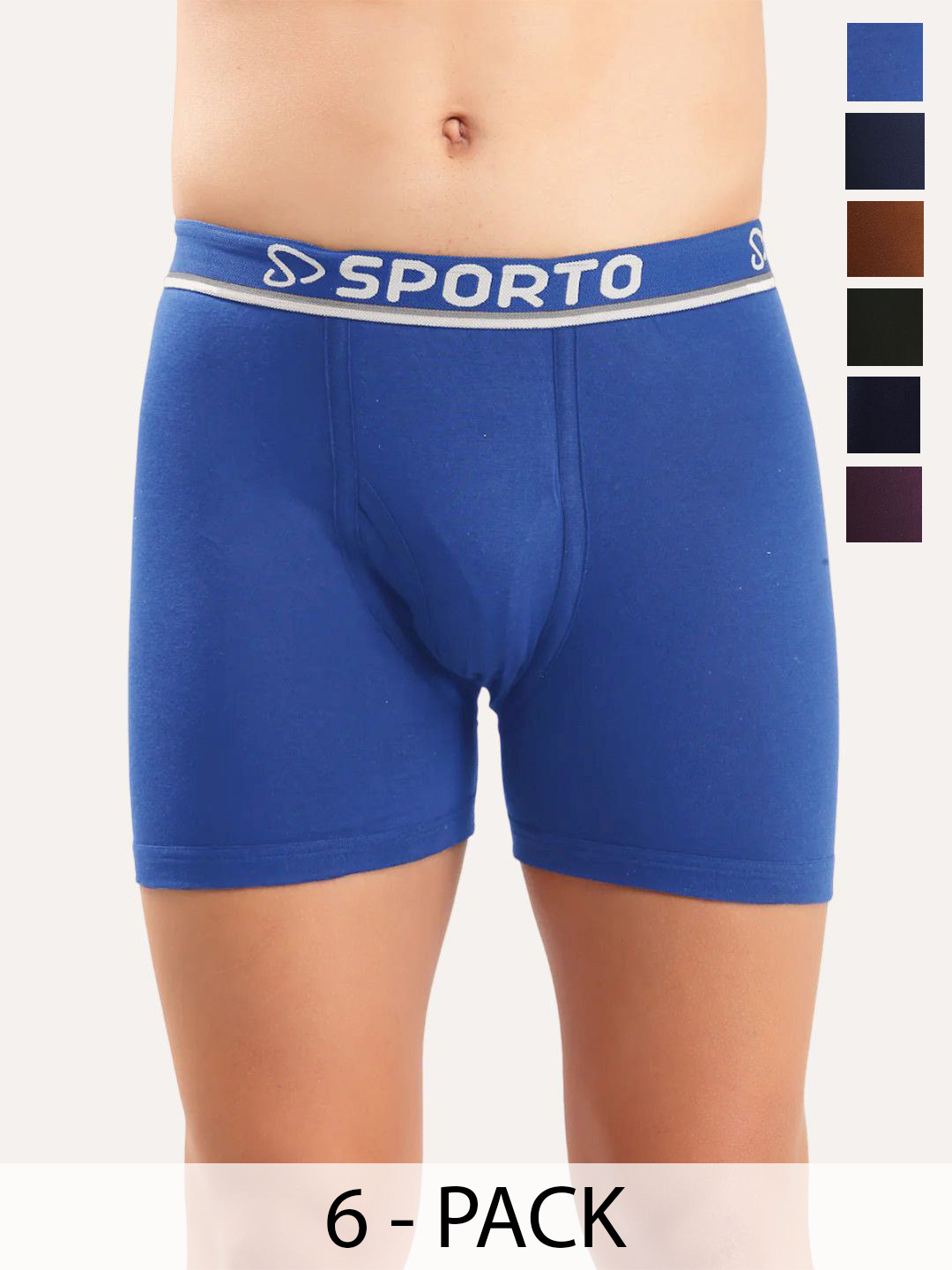 Sporto by Macho Pack Of 6 Elasticated Waistband Mid Rise Pure Cotton Long Trunks
