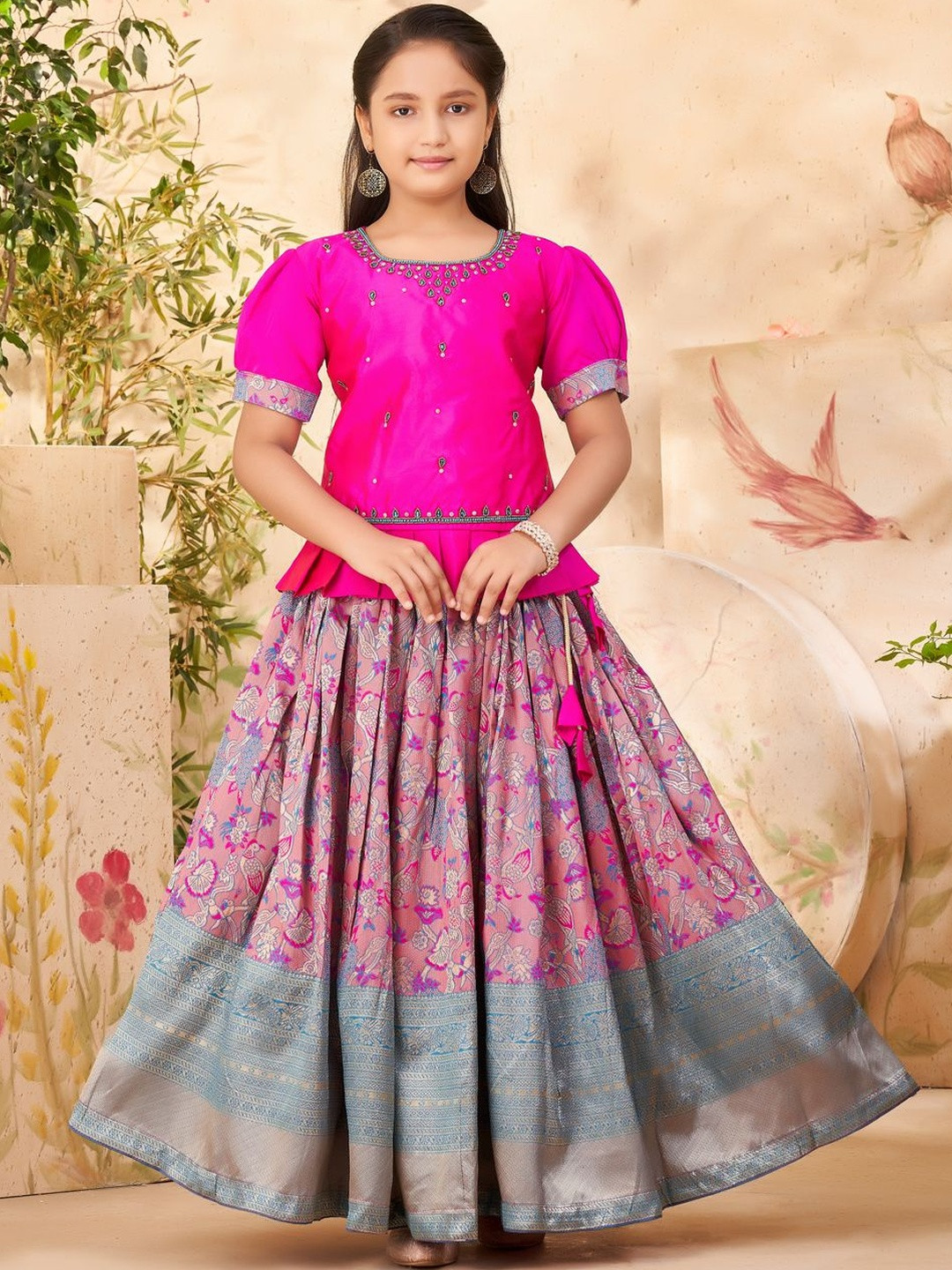 Muhuratam Girls Hand Embroidery Art Silk Lehenga Choli Set