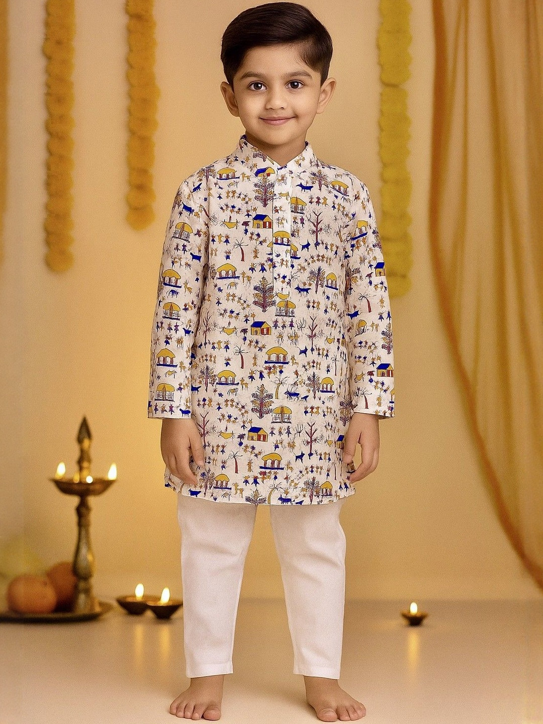 Cotton Printed Kurta & Cotton Blend Pajama Set For Boys
