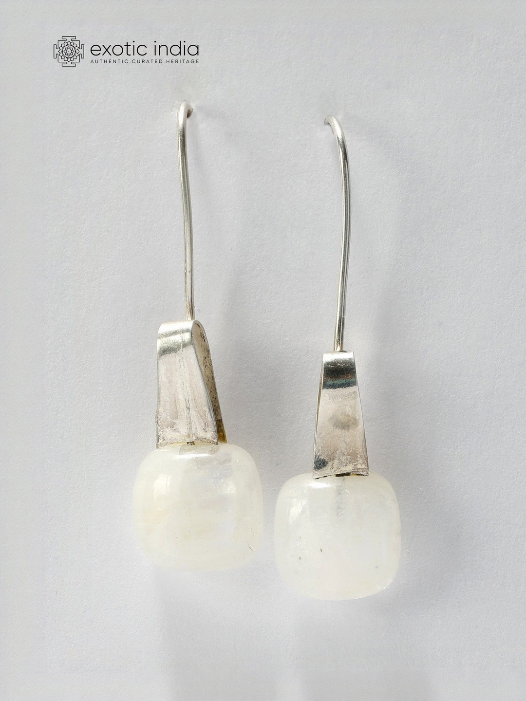 Exotic India Sterling Silver Geometric Shaped Moonstone Studded Drop Earrings
