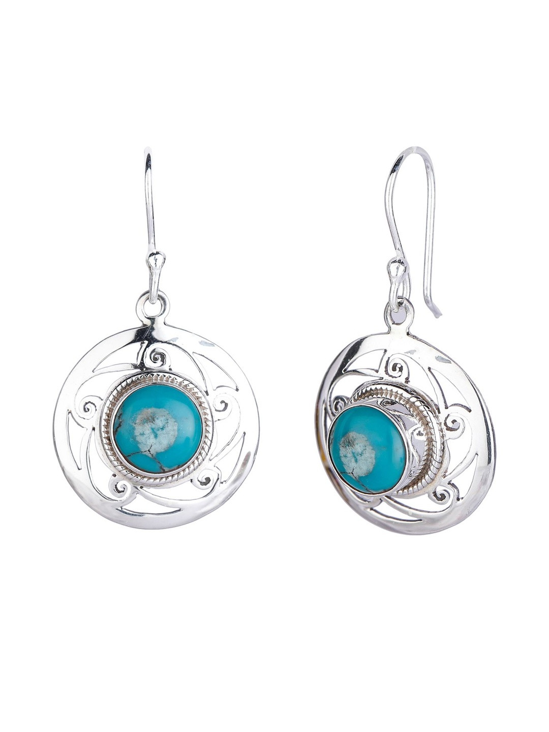 Exotic India Women Turquoise Blue Circular Sterling Silver Drop Earrings