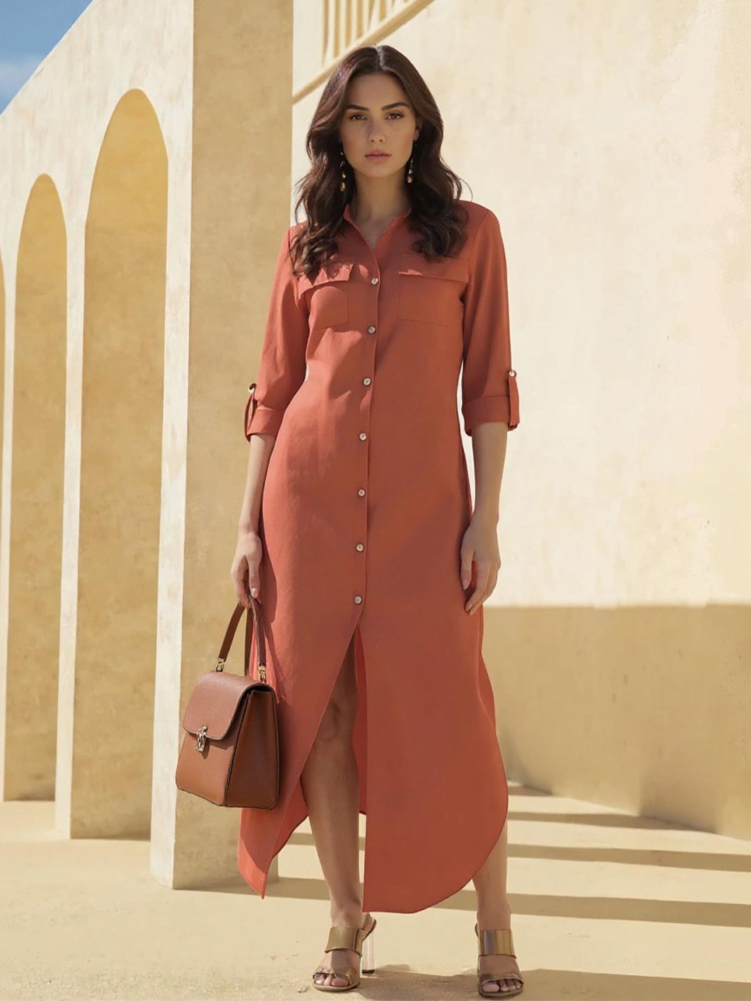 Outzidr Women Roll-Up Sleeves Shirt Maxi Dress