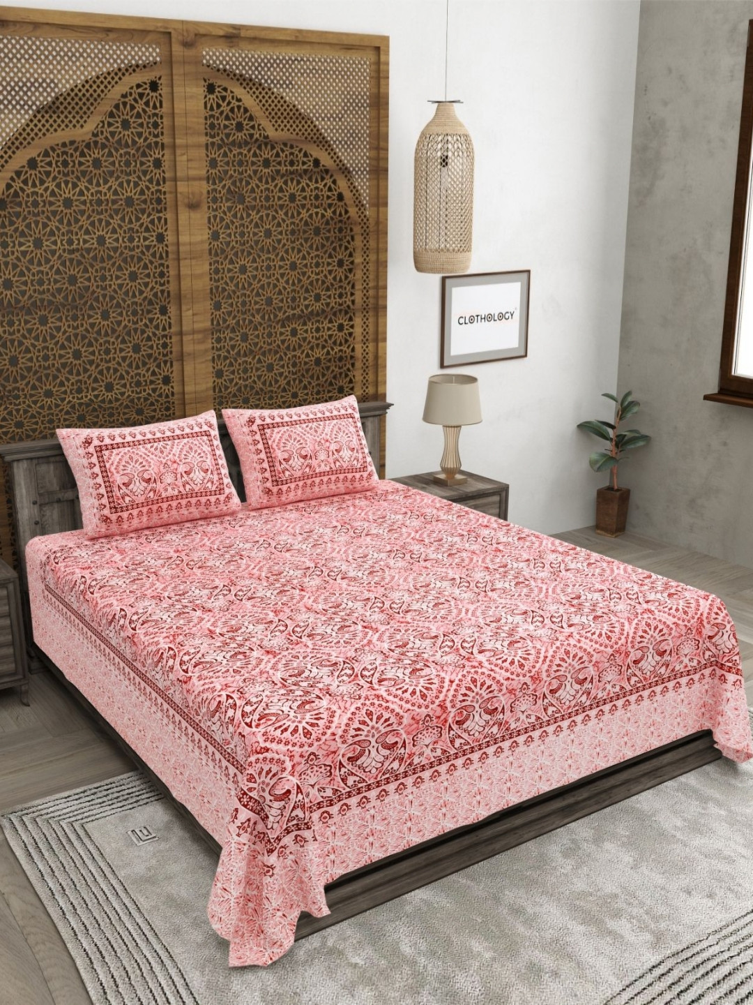 CLOTHOLOGY Peach And White Printed Pure Cotton 180 TC King Bedsheet Set 2.75m x 2.25m