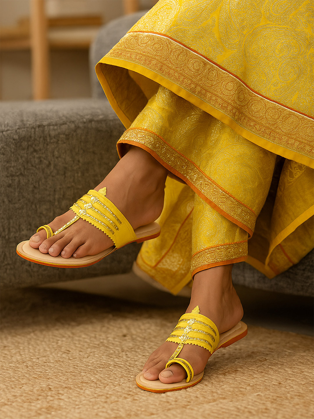 CHAAL CHALAN Xari Yellow Kolhapuri Flats