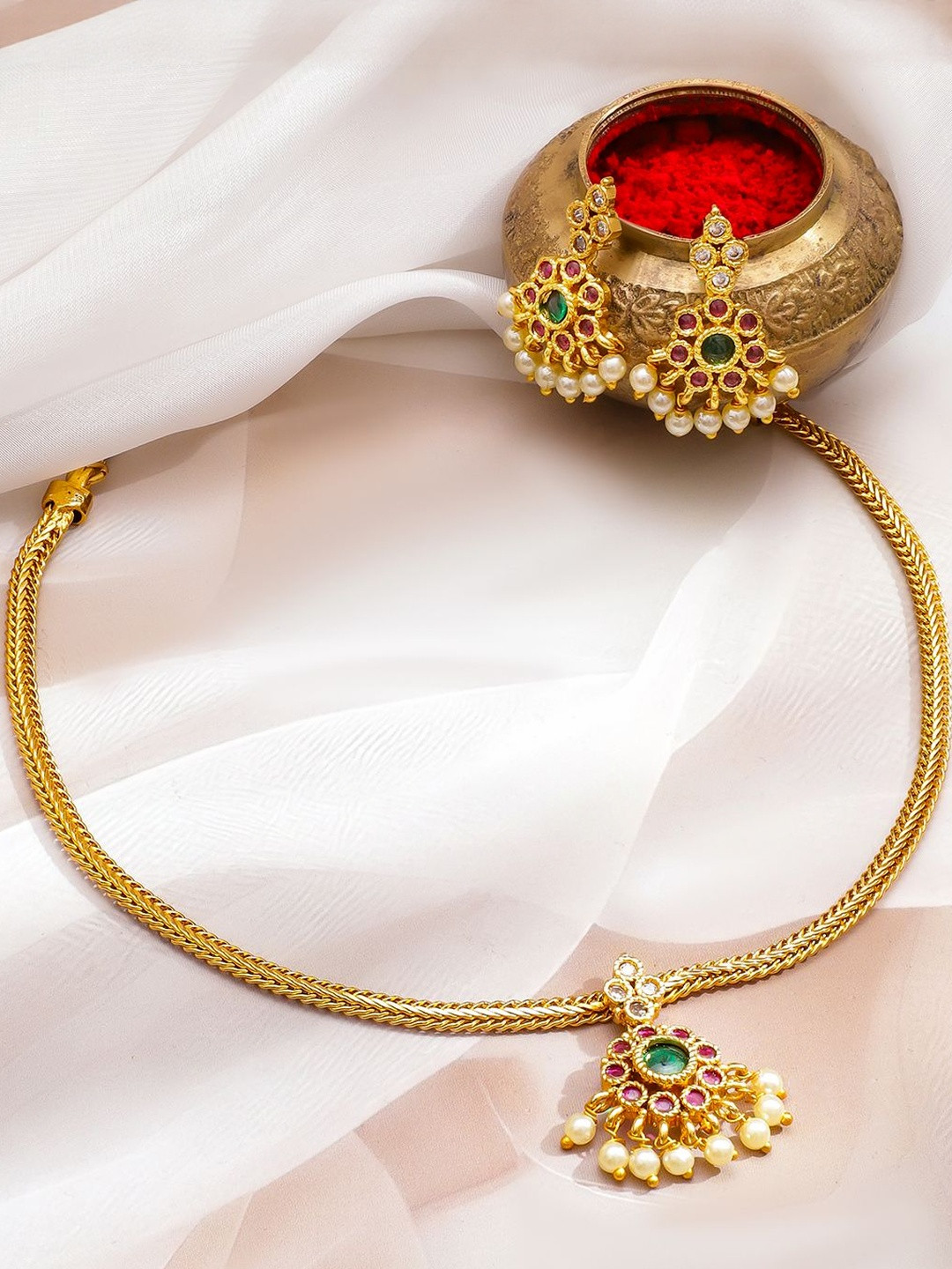 Rubans 18K Gold-Plated Emerald & Ruby Pink Stone with Pearl Beaded Necklace Set