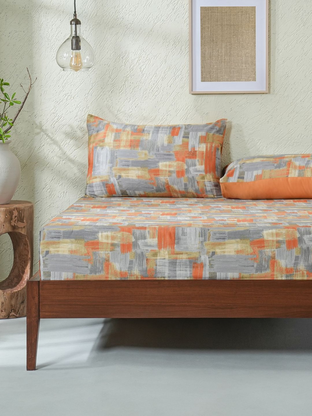 MASPAR Rust & Grey Abstract Printed 200 TC Pure Cotton Single Bedsheet Set 1.52 m x 2.24 m