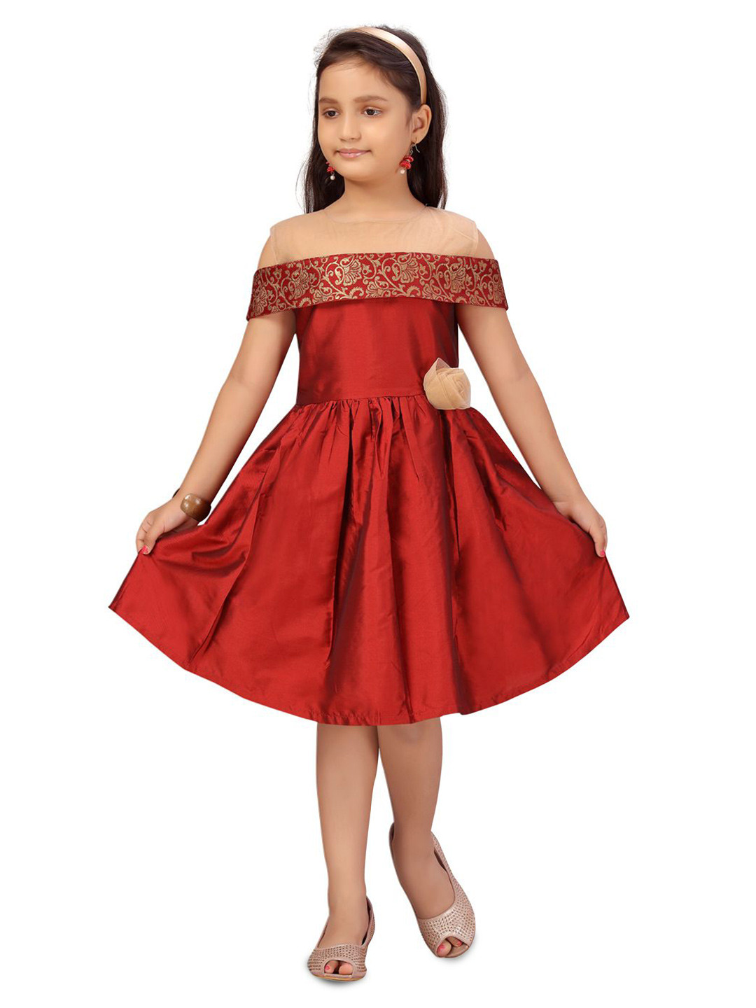 BAESD Girls Solid Gathered or Pleated Off-Shoulder Cold-Shoulder Sleeves Fit & Flare Dress