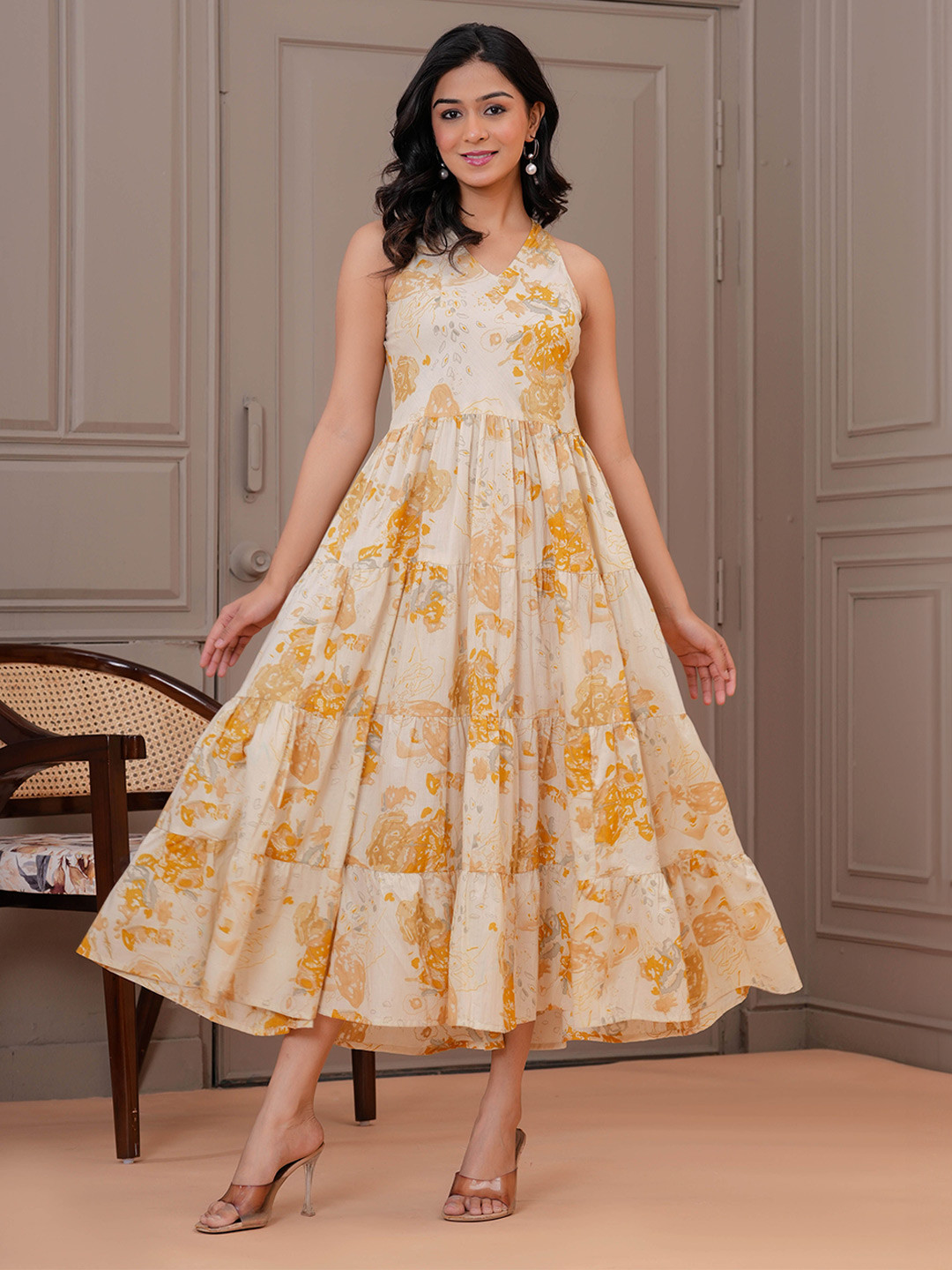 KEIYONA Floral Printed Halter Neck Tiered Fit and Flare Midi Dress
