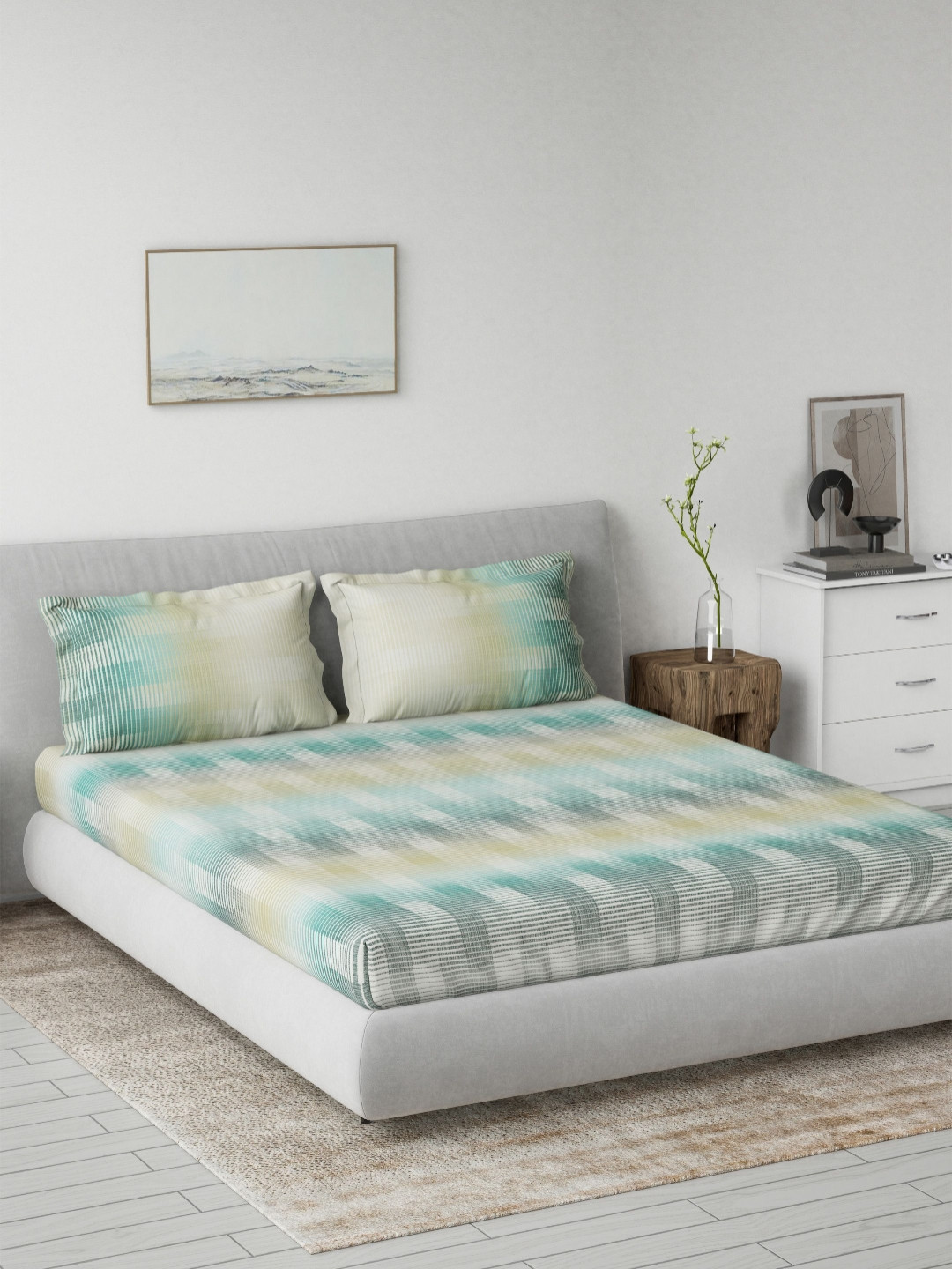 DDecor Green Printed Pure Cotton 144 TC King Bedsheet Set 2.29m x 2.74m