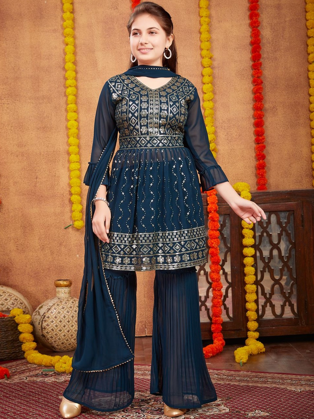 Muhuratam Girls Ethnic Wear Teal Blue Colour Sequin Embroidery Georgette Kurti Sharara Set