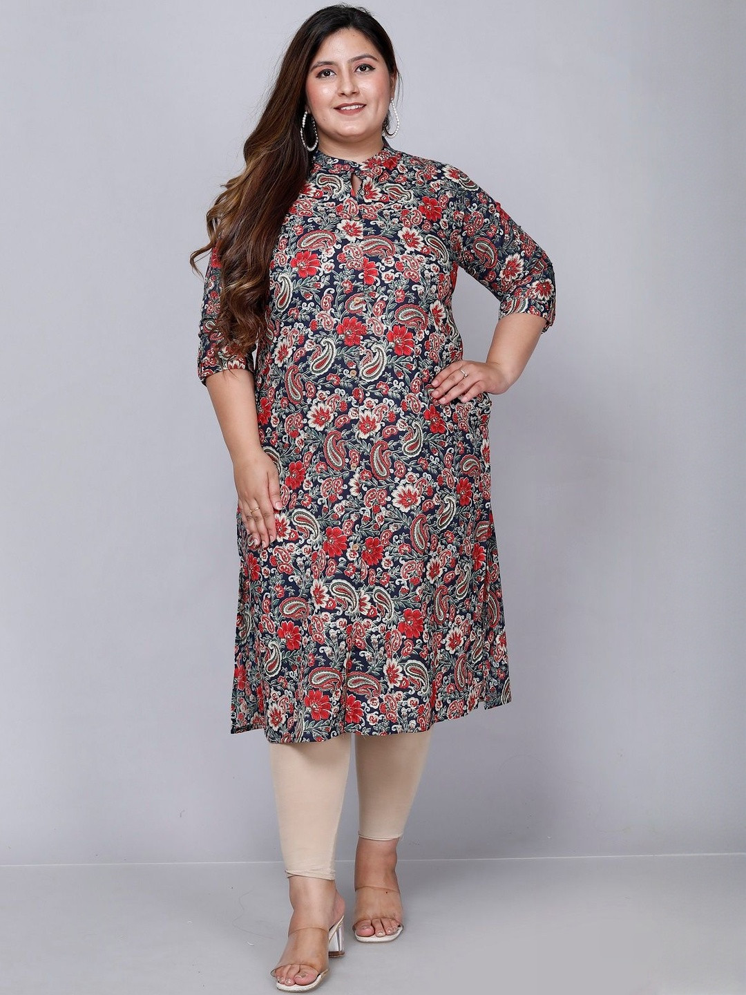 Vasavi Black Colour Cotton Plus Size A-Line Kurta Kurti For Women