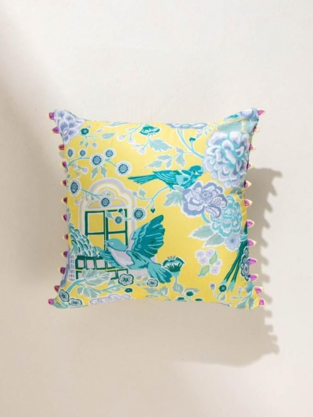 FREEDOM TREE Damask Rose Yellow & Blue Printed Cotton Square Cushion Cover