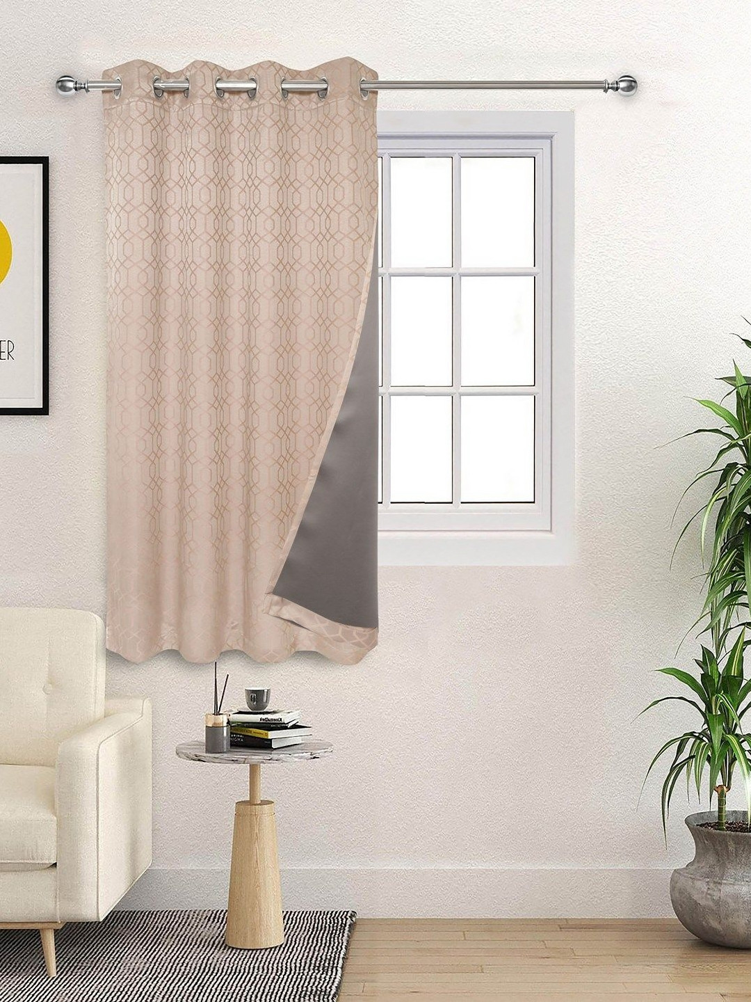 Saral Home Gold Toned And Beige 2 Pieces Geometric Black Out Cotton Window Curtains