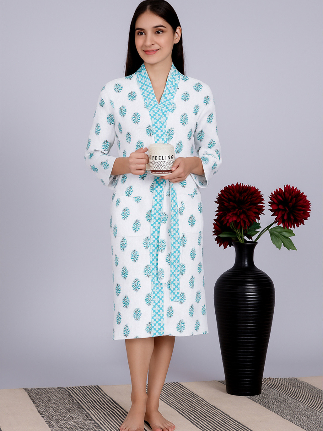 LIVING ROOTS Handblock Printed Cotton Bathrobe