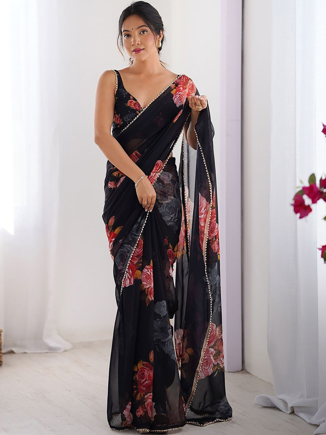 Moda Rapido Floral Printed Beads & Stones Block Print Saree