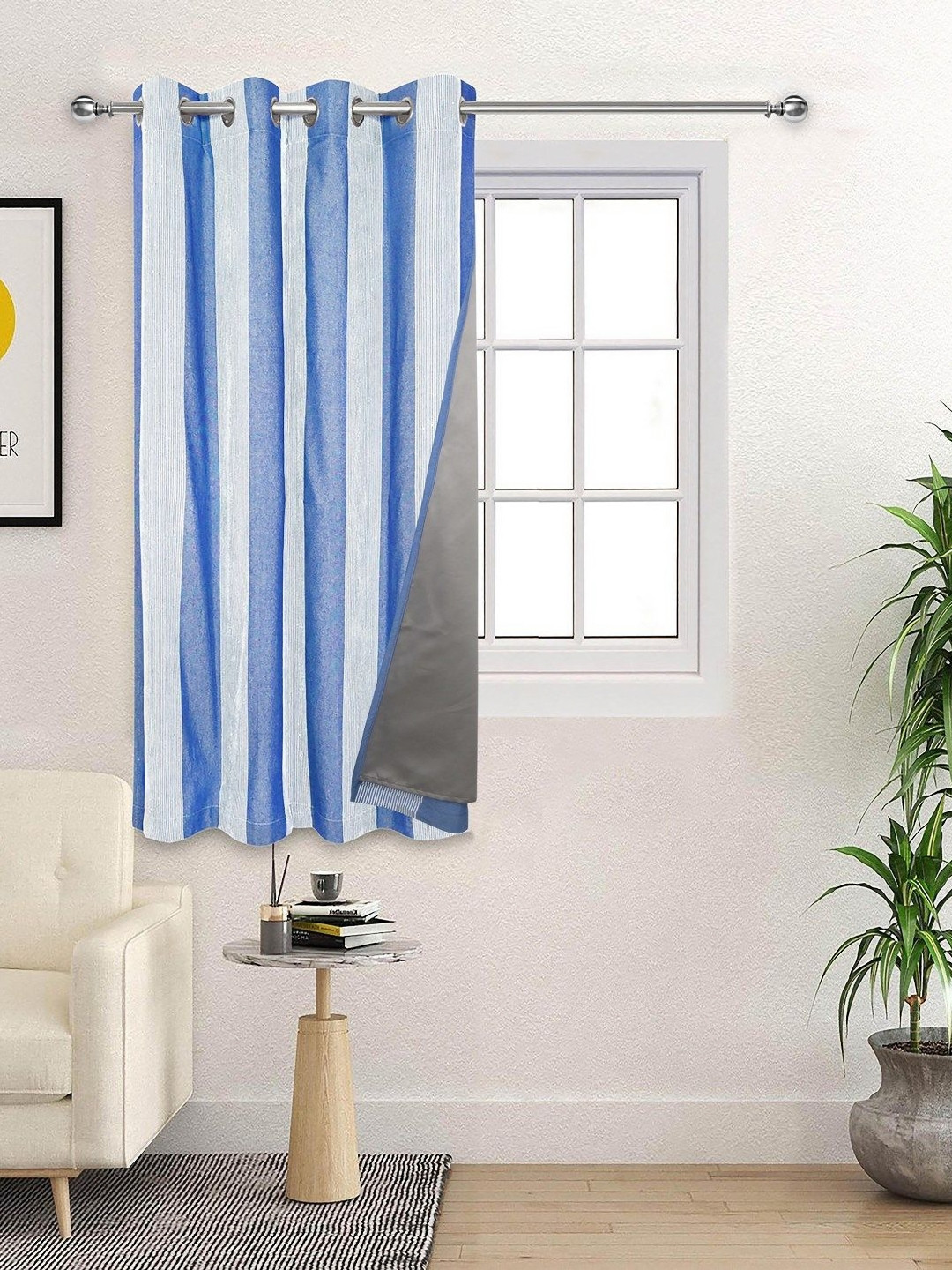 Saral Home Blue & White Striped Cotton Black Out Non-Fading Window Curtain