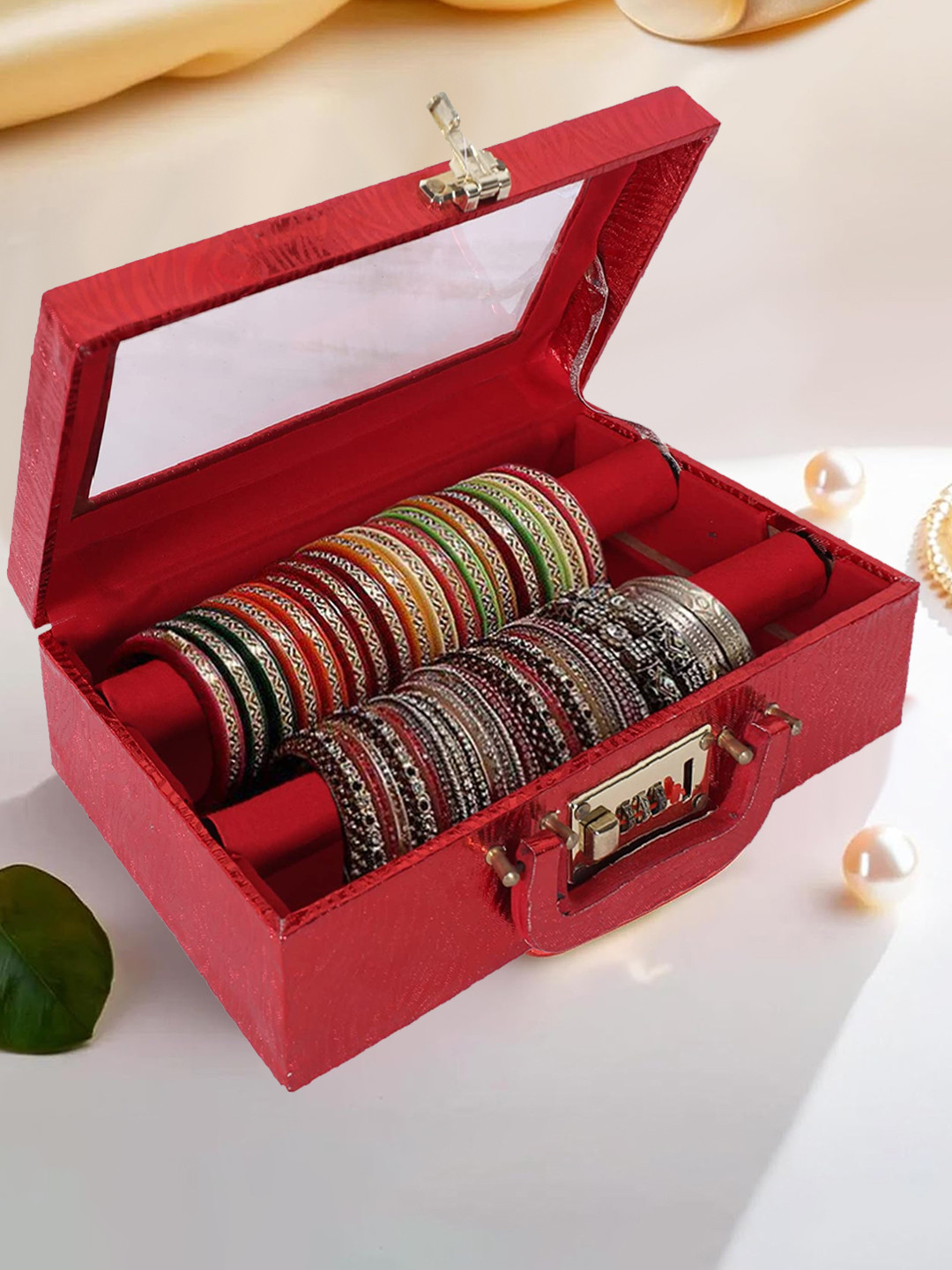 Kuber Industries Red Self-Designed Wooden Vanity Box & Number Lock System With Handle Jewellery Organiser