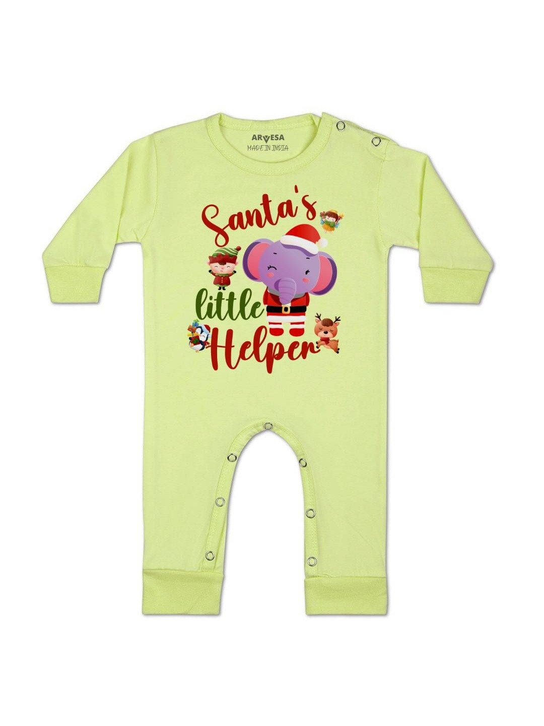 Arvesa Kids Santas Little Helpen Printed Yellow Cotton Rompers