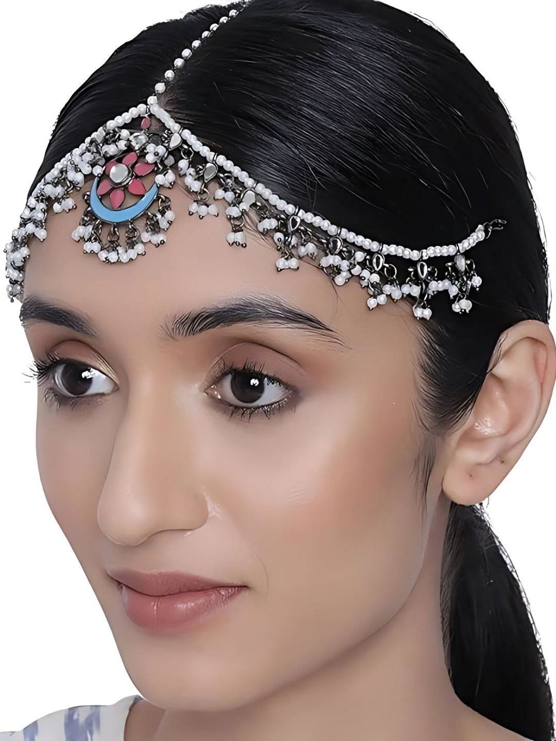 Sangria Oxidised Silver-Plated White Kundan Mirror Studded & Beaded Matha Patti