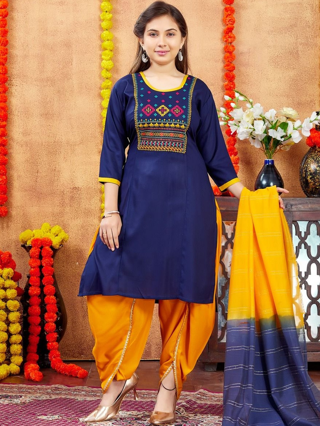 Muhuratam Women Party Wear Navy Blue Colour Embroidery Cotton Kurti