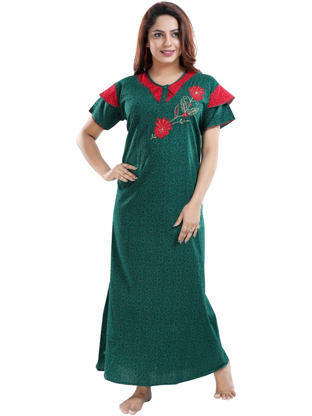 Zairra Women Green Pure Cotton Floral Printed Short Sleeves Nighty