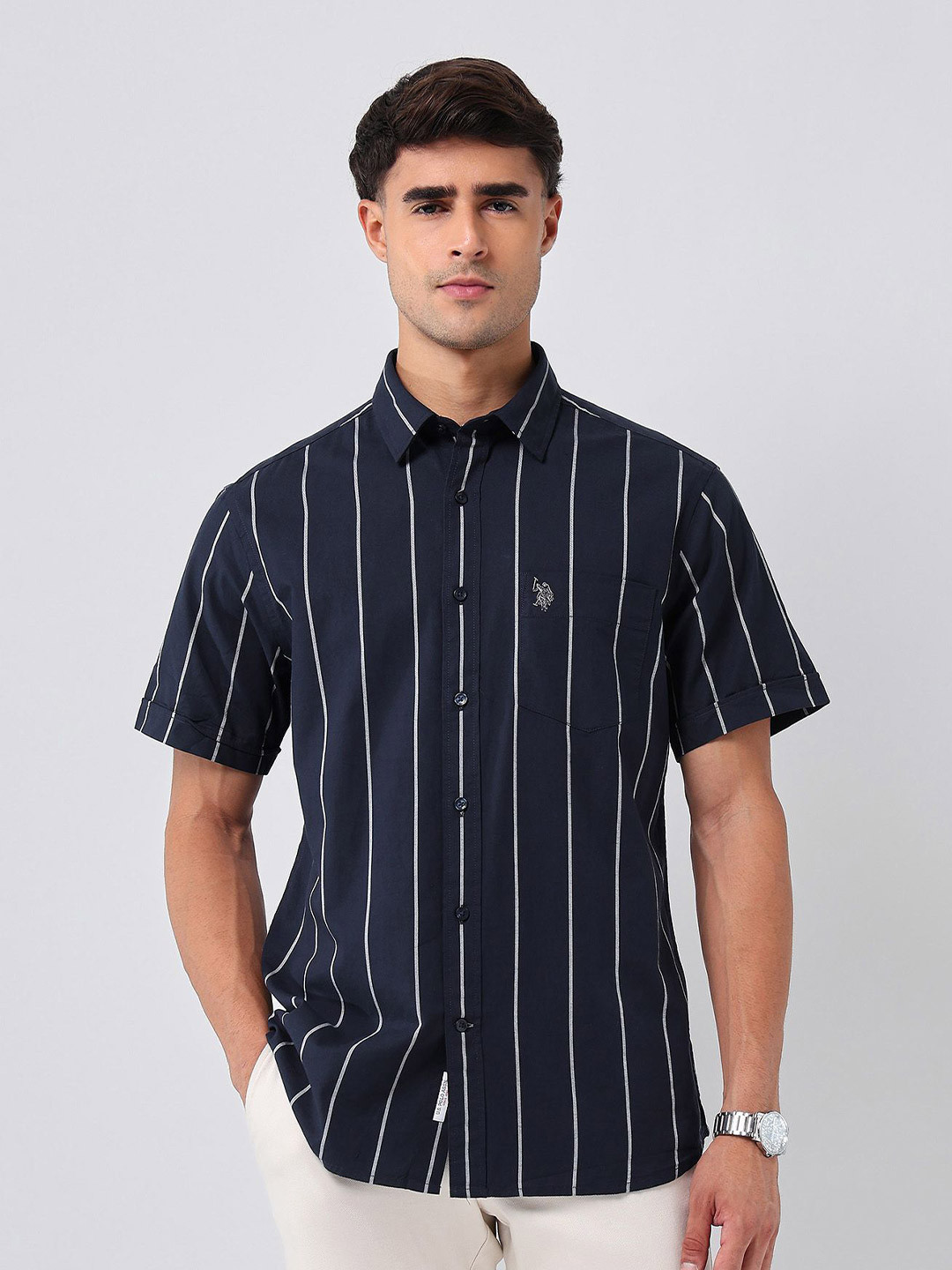 U.S. Polo Assn. 135Th Tailored Fit Striped Oxford Weave Pure Cotton Casual Shirt