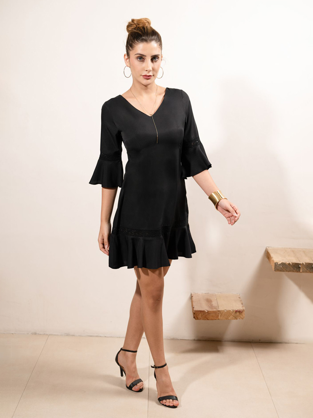 PRIDEWEAR Every Hour Women Bell Sleeve V-Neck Lace Inserts Ruffled Crepe A-Line Dress