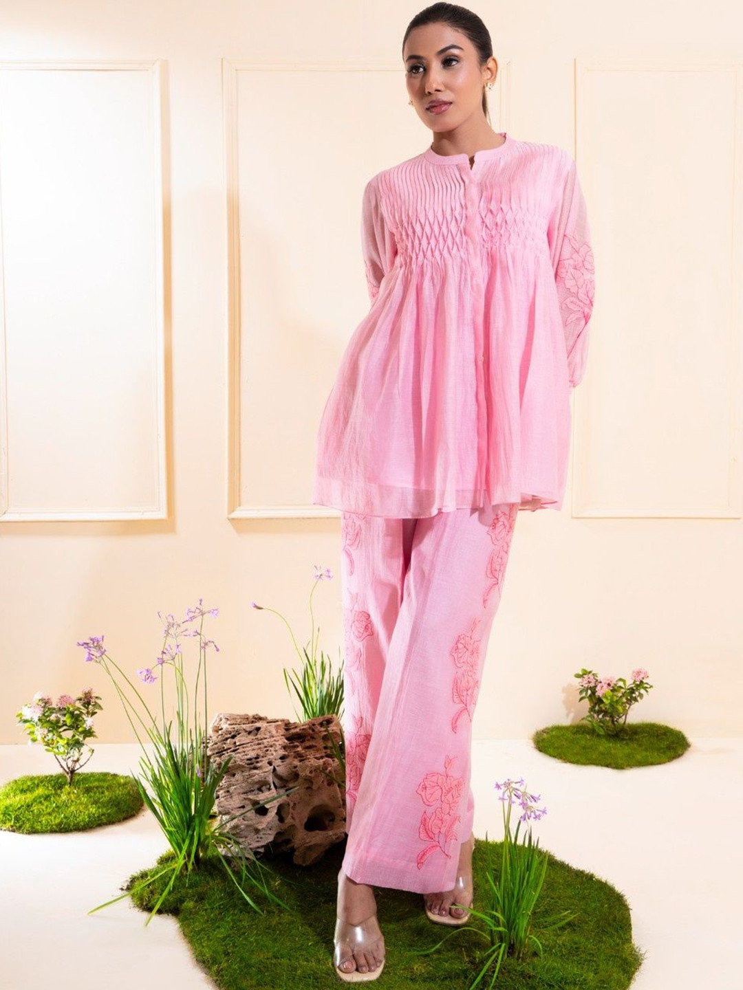 The White Tree Studio Floral Printed Mandarin Collar Smocking Chanderi Top With Palazzos