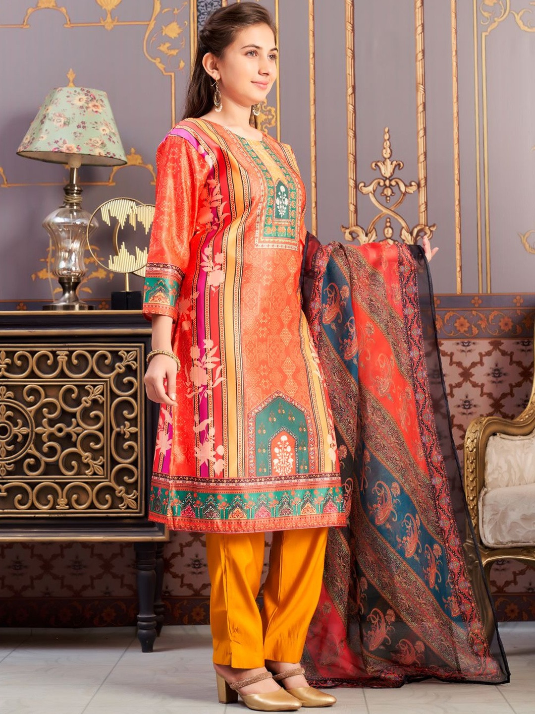 Muhuratam Girls Ethnic Wear Orange-Mustard Colour Abstract Embalished Satin Kurti Pant Set