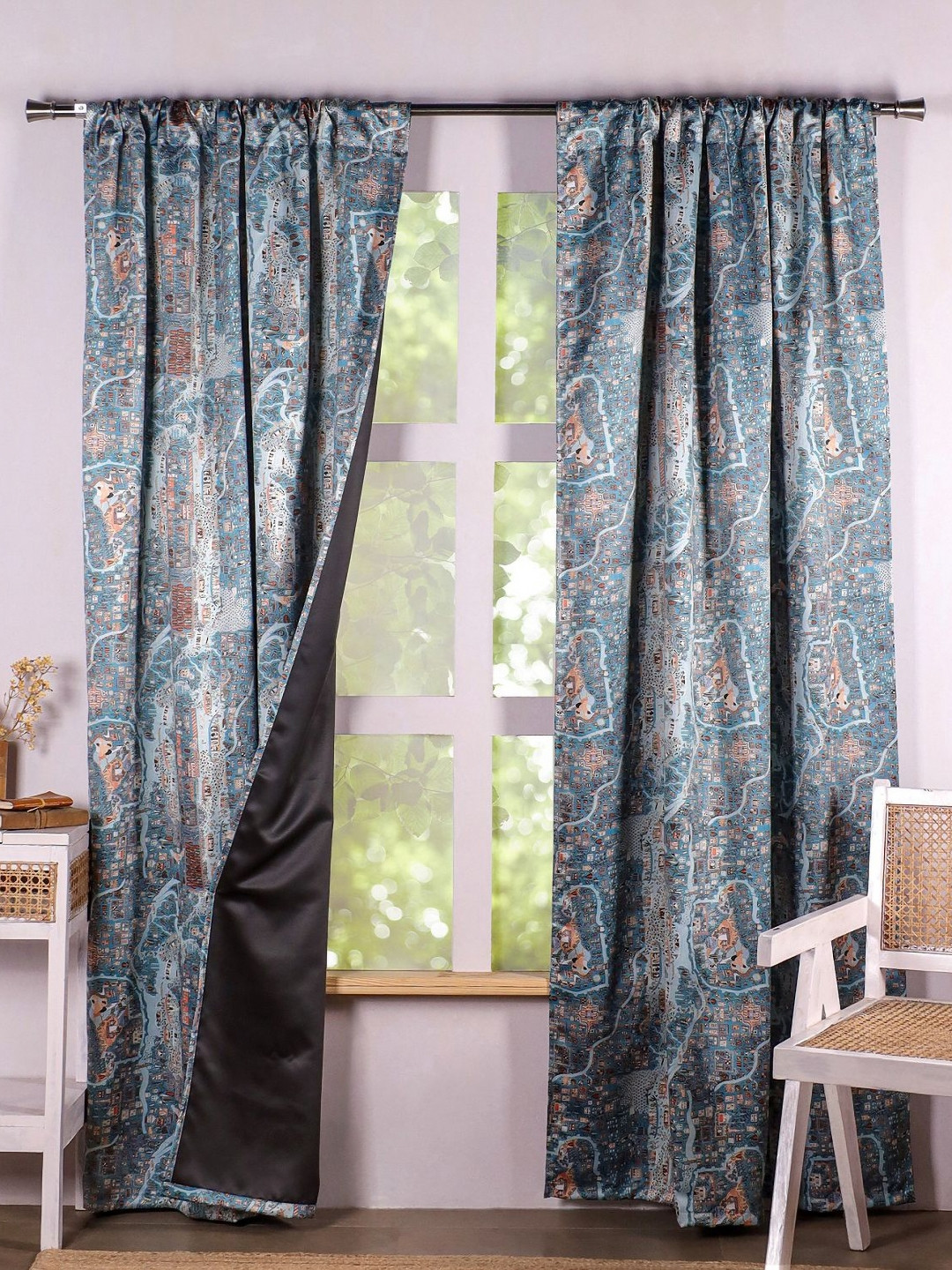HOMEMONDE Blue & Orange Colored 2 Pieces Printed Black Out Door Curtains