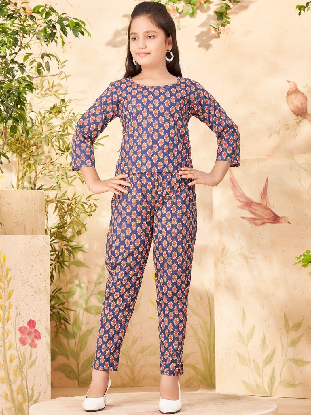 Muhuratam Girls Casual Wear Navy Blue Colour Floral Print Cotton Top & Pant