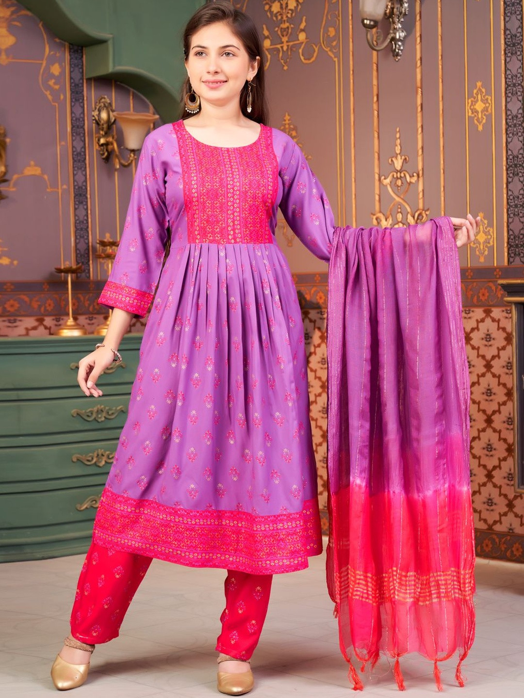 Muhuratam Girls Ethnic Wear Purple-Rani Colour Foil Print Rayon Kurti