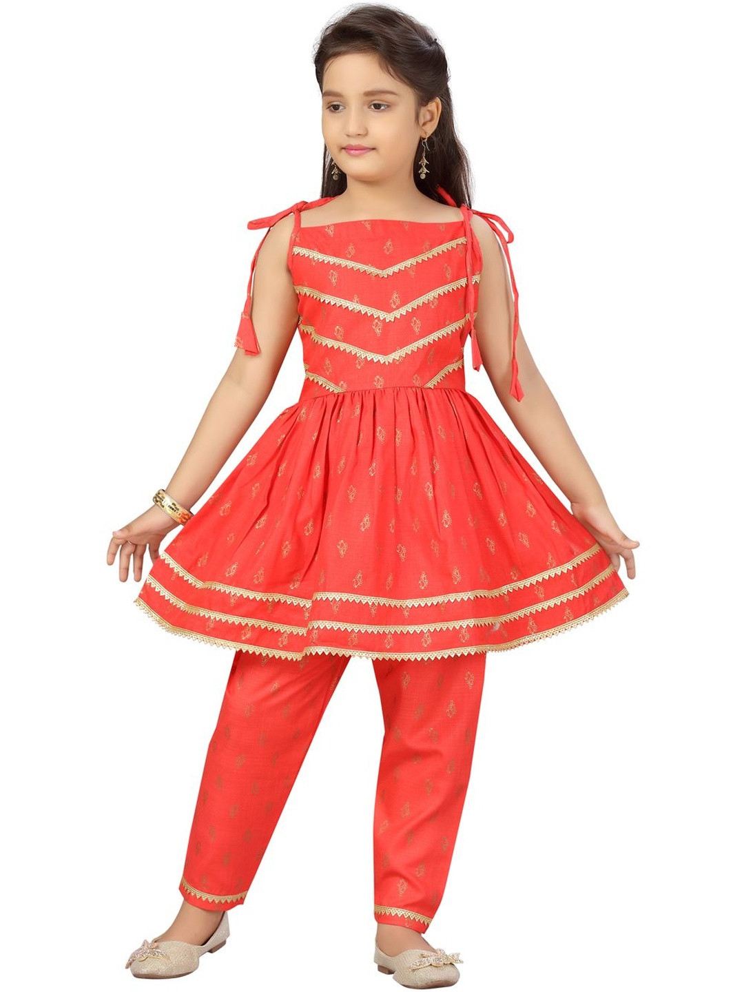 Muhuratam Girls Floral Woven Design Pure Cotton A-Line Kurta With Pant