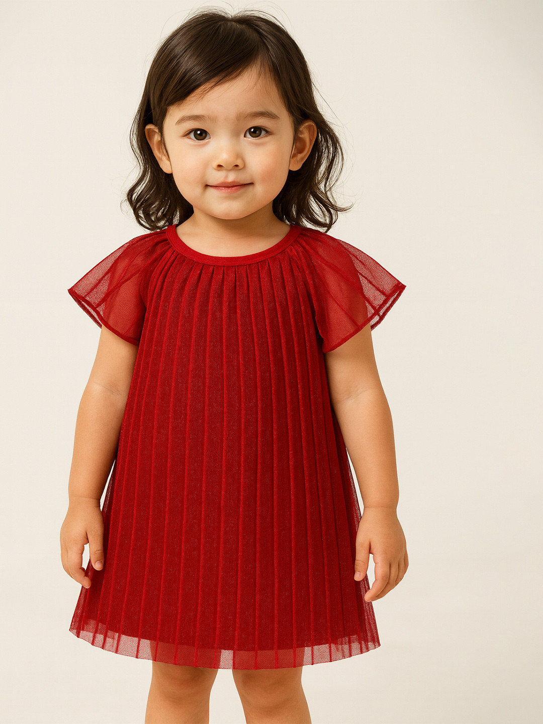 KidsDew Girls Red Pleated Net Straight Dress