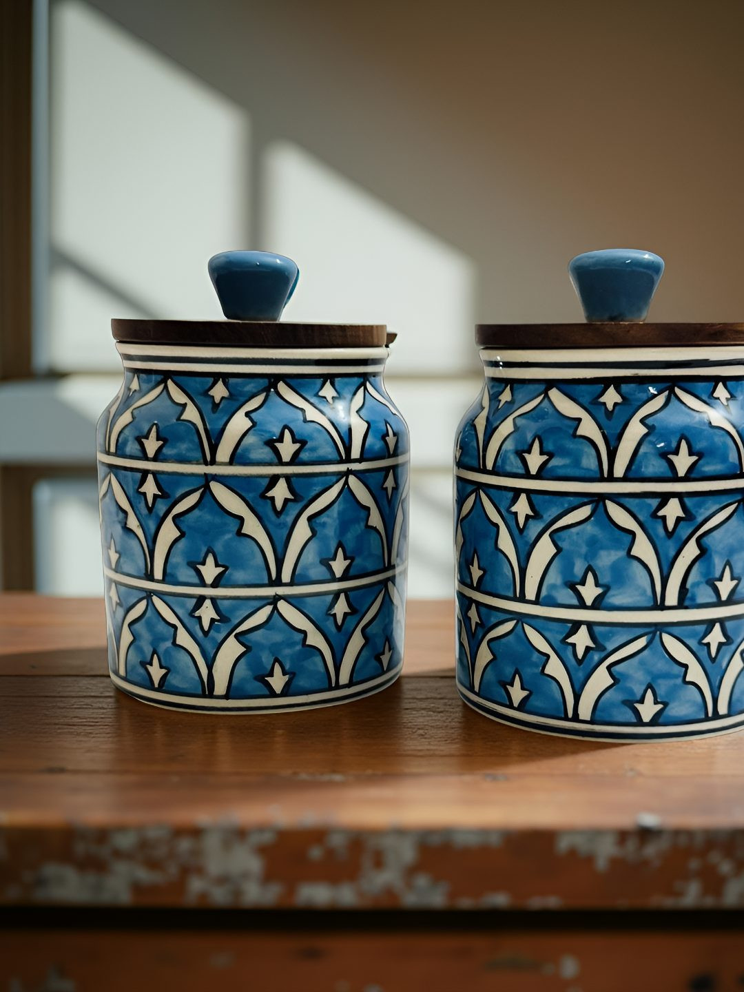 Lupaava Blue & White 2 Pieces Ethnic Motifs Printed Ceramic Round Jar Container