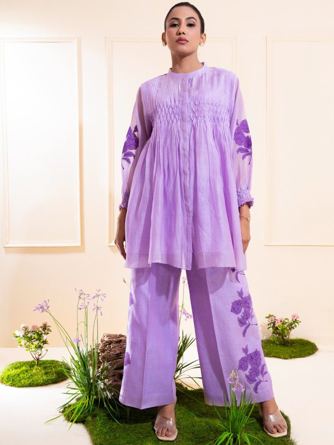 The White Tree Studio Floral Printed Mandarin Collar Smocking Top With Palazzos