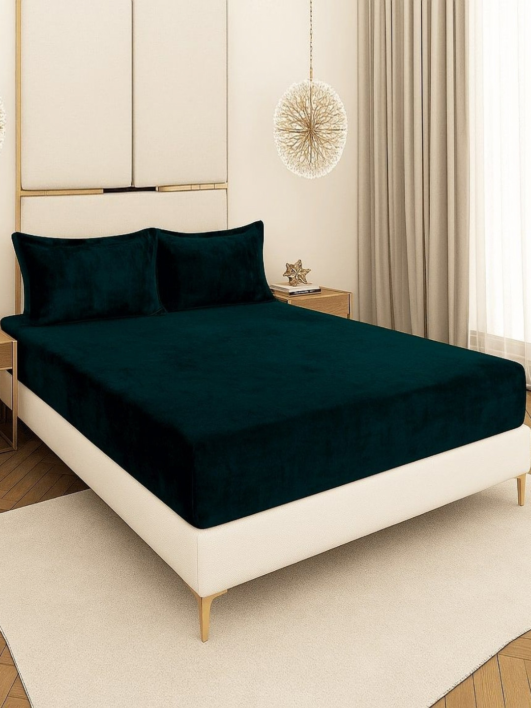 BLUEDOT Green Velvet Flannel Warm Fitted King Bedsheet Set
