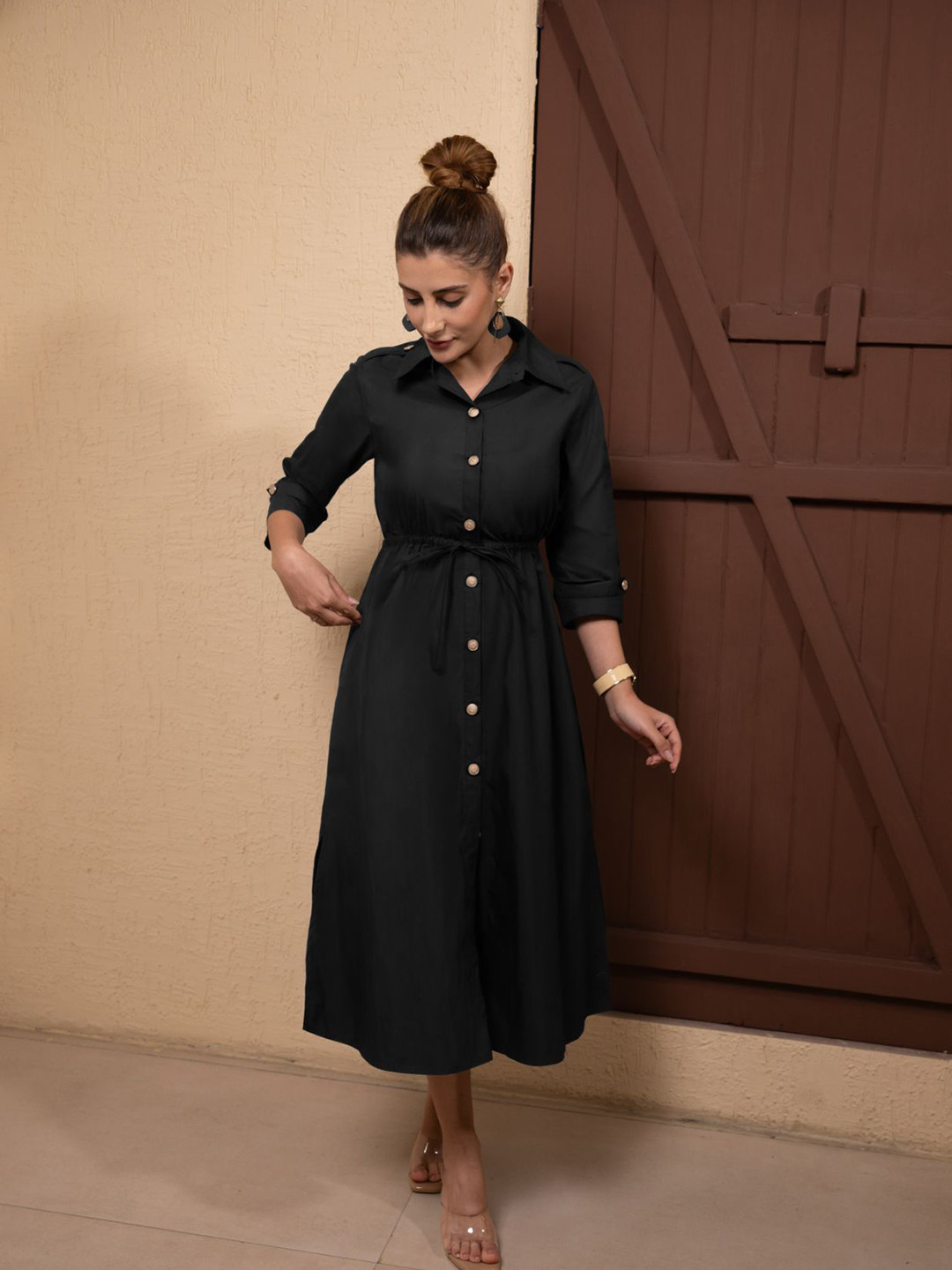 PRIDEWEAR Trench Poise Women Shirt Collar Shirt Midi Dress