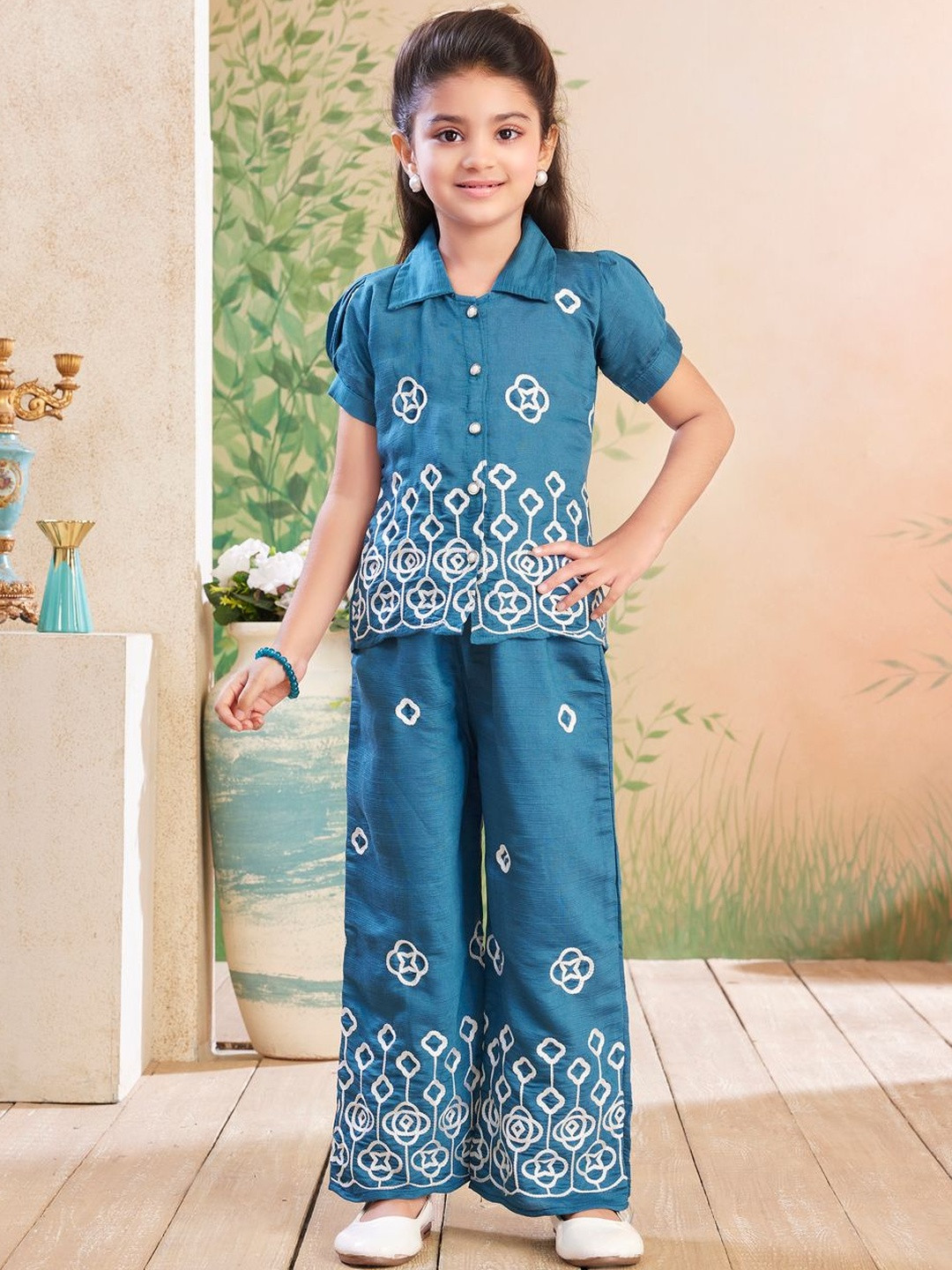 Muhuratam Girls Blue Thread Embroidery Shirt Collar Cotton Casual Wear Clothing Set