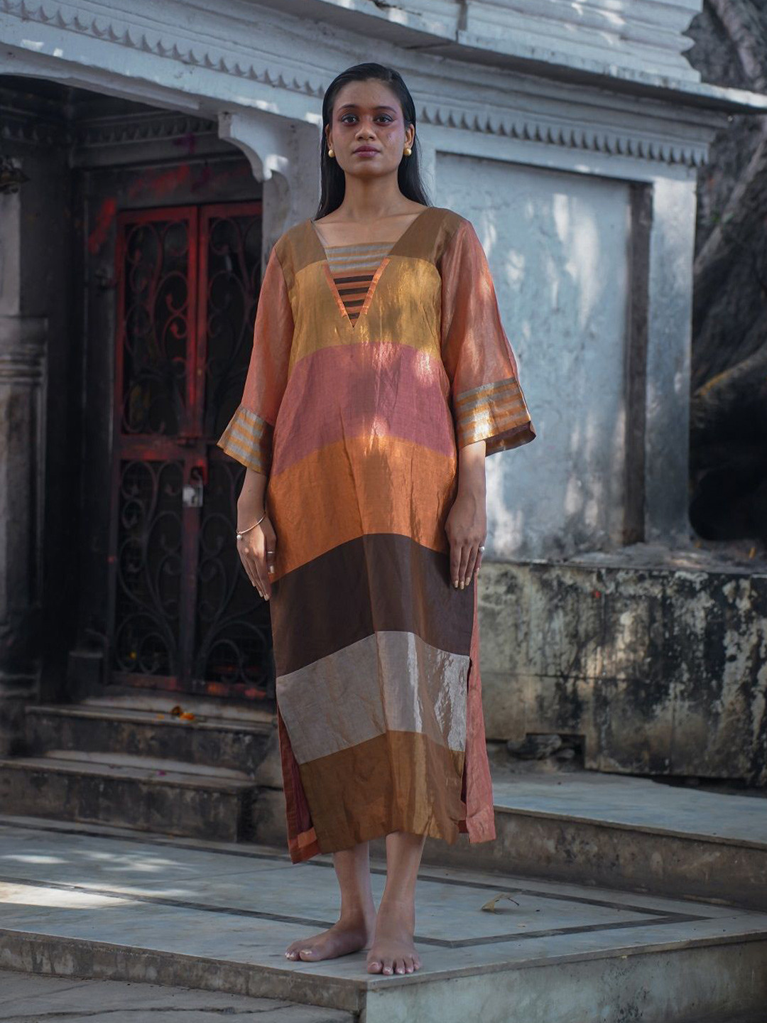 Eeda Women Colourblocked Stripe Patch Slit Kaftan Midi Dress