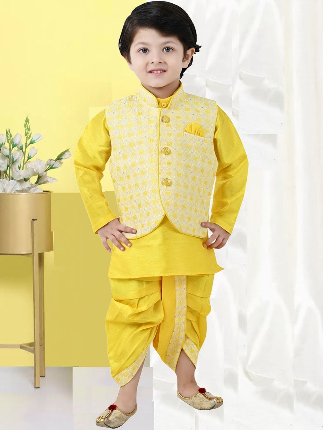 OJ TREND Boys Solid Full Sleeve Kurta Dhoti Pant & Nehru Jacket