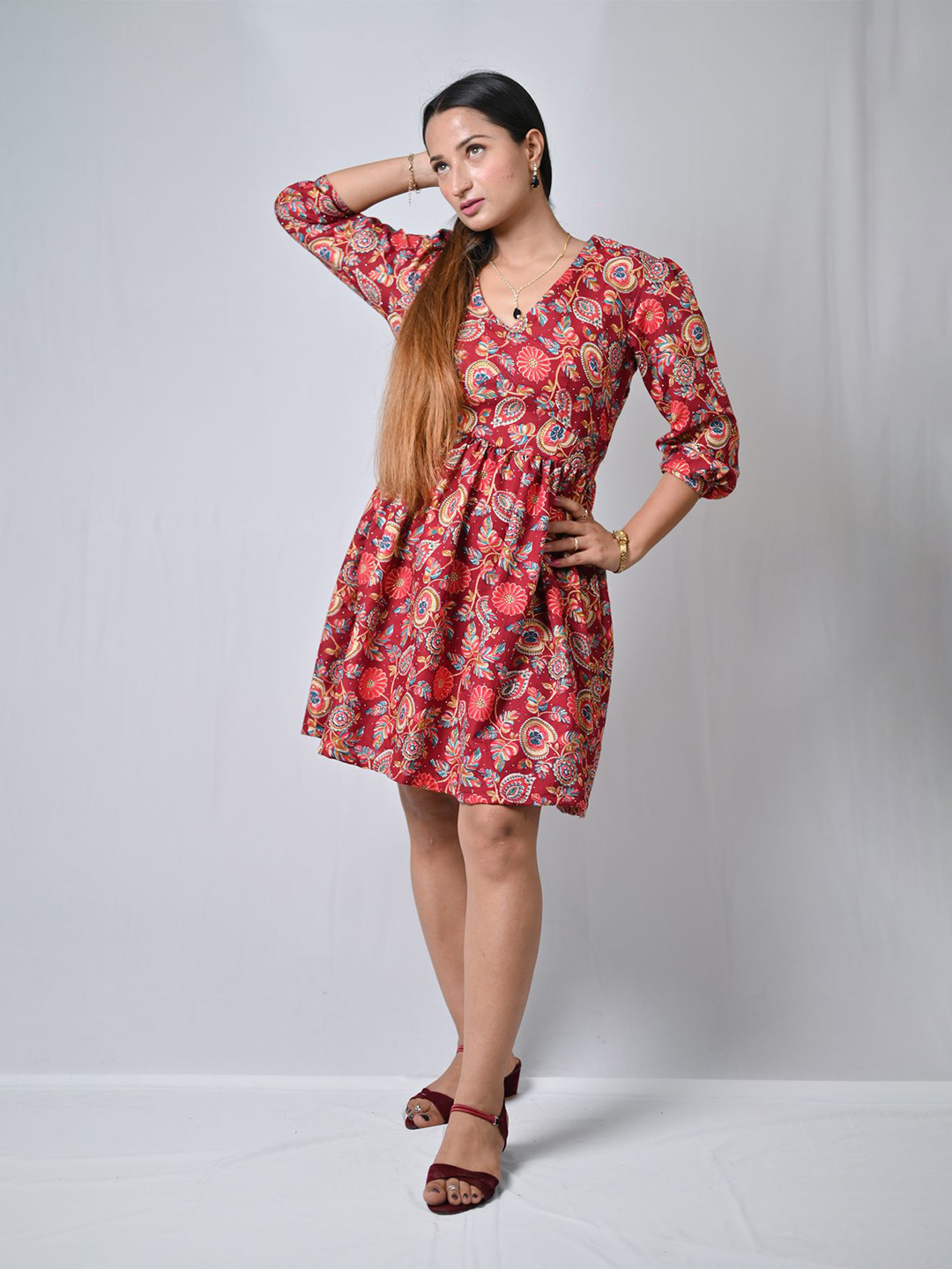 BELLE NOOR Ethnic Motifs Printed Puff Sleeves Fit & Flare Dress