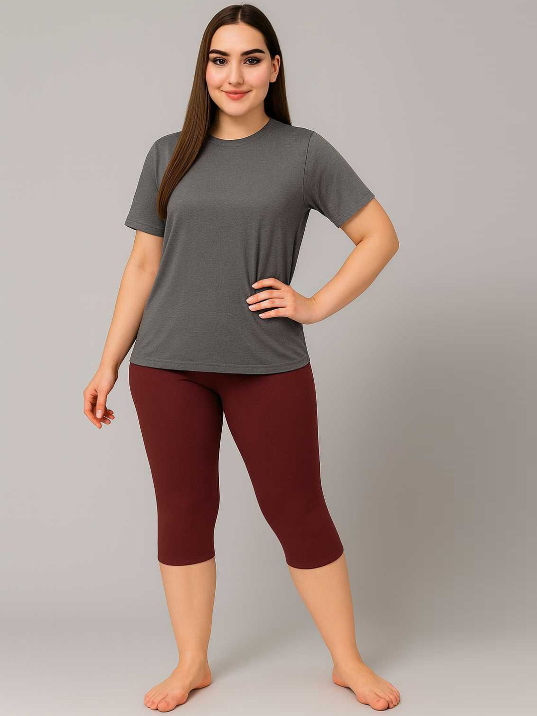 CKARFE Women Round Neck T-shirt & Capri Swimming Dress