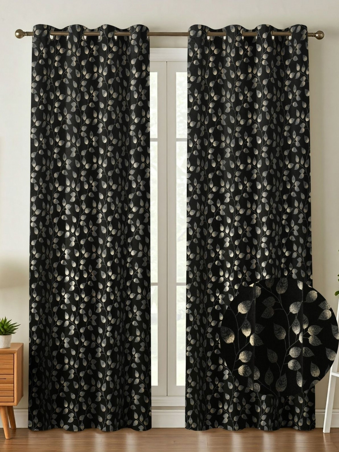 Kiara Creations Black & Gold-Toned 2 Pieces Floral Room Darkening Long Door Curtains