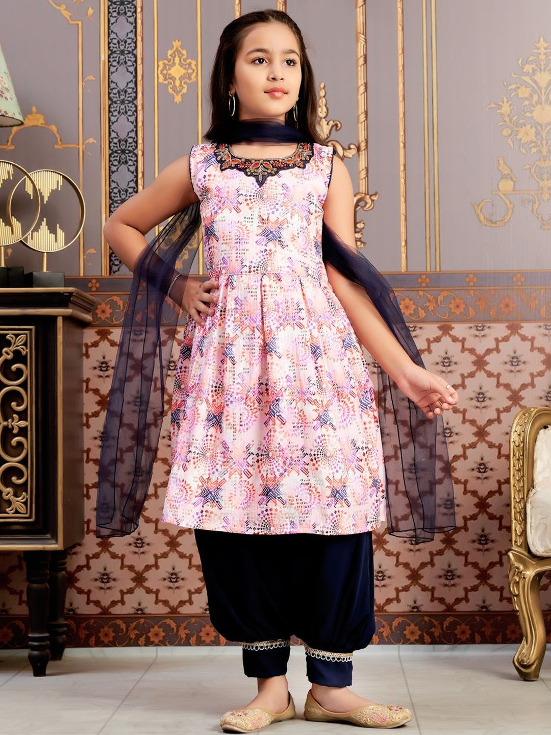 Ethnic Wear Navy Blue-White Beads Hand Embroidery Cotton Blend Kurti Patiala Set With Dupatta