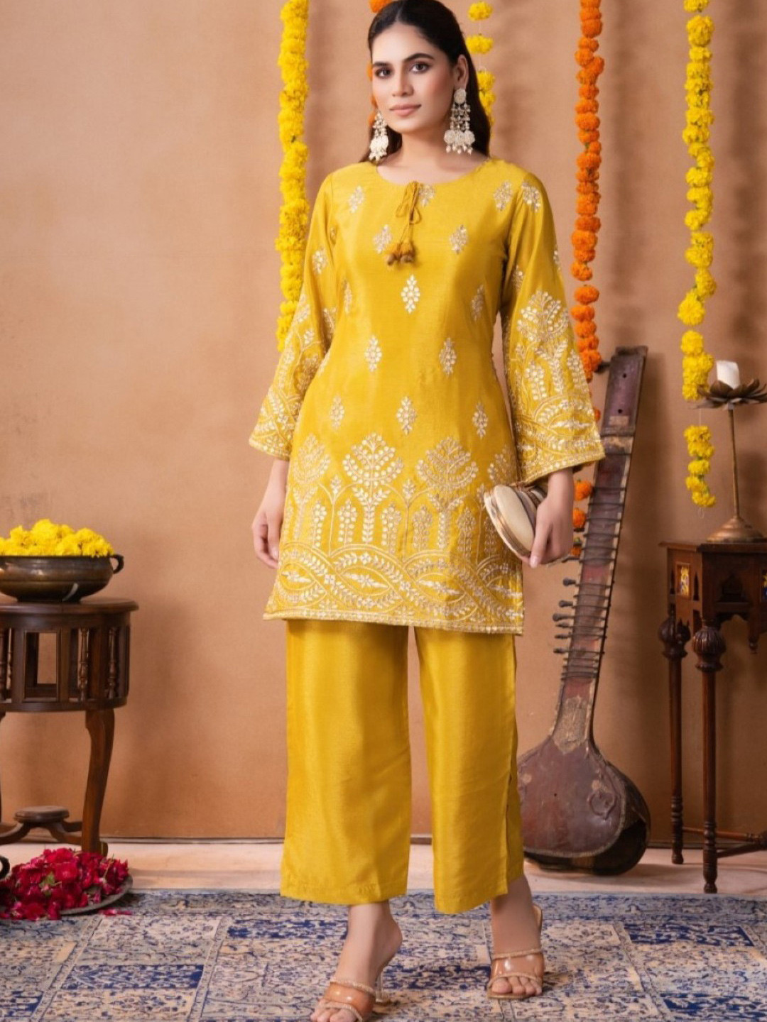 AUTUMN LANE Keya Amber Work Embroidered Round Neck Kurti & Trousers Co-ord Set