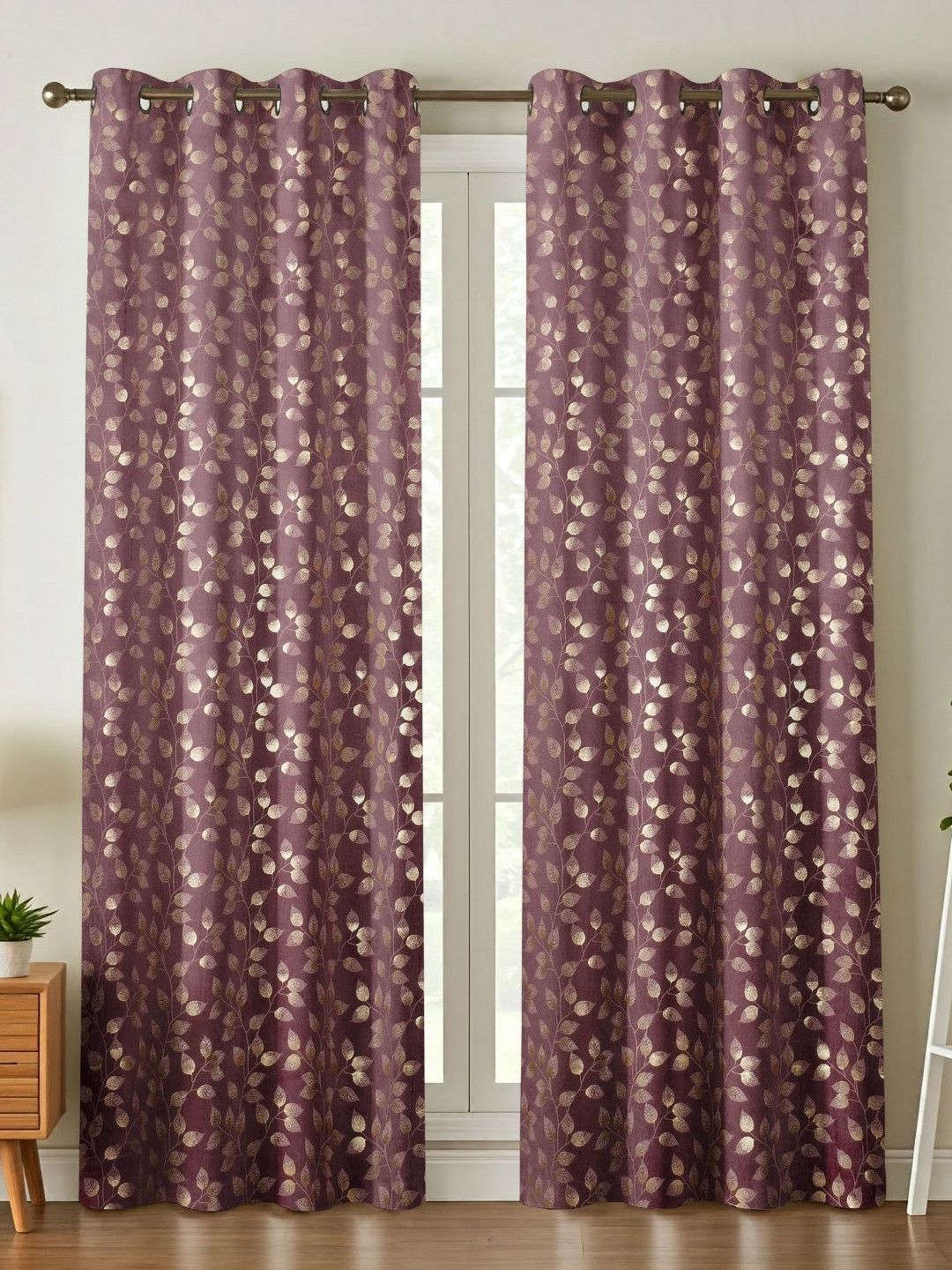 Kiara Creations Purple & Gold-Toned 2 Pieces Floral Room Darkening Window Curtain