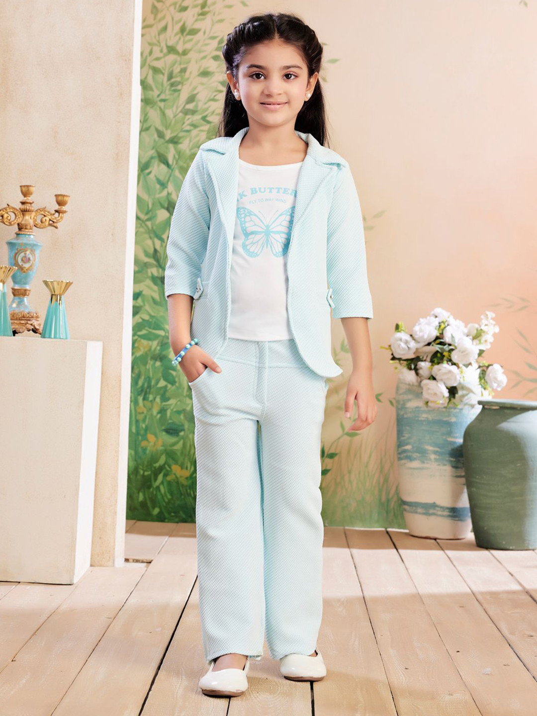 BAESD Girls Printed Three-Quarter Sleeves Coat With Attachable T-Shirt With Trouser